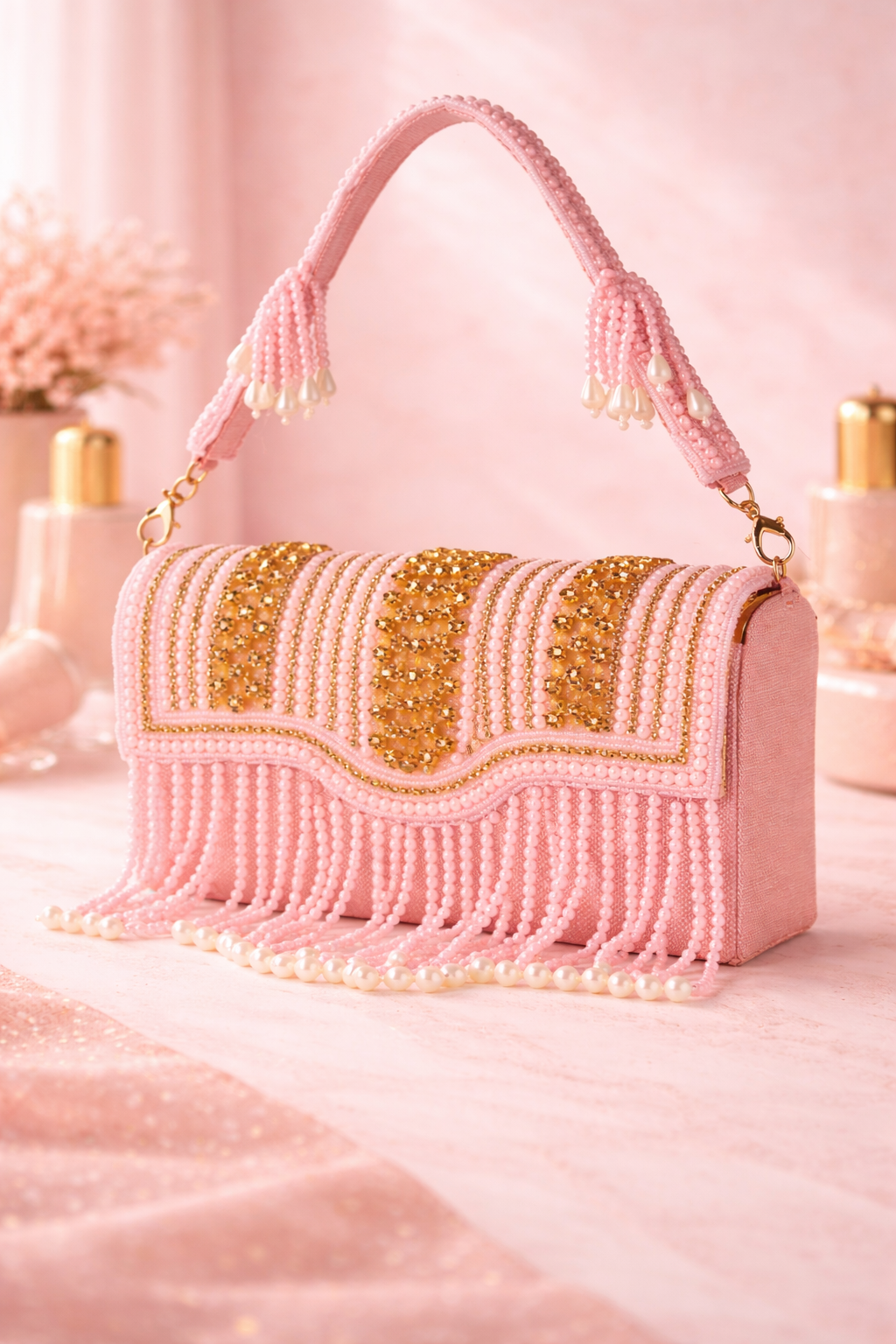 KarryQ Women's Premium Baby Pink Beaded Fringe Handbag | Crystal Embellished Party Clutch Purse | Designer Bridal, Wedding, Festive, Cocktail & Ethnic Shoulder Bag with Pearl Tassels