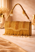 KarryQ Women's Premium Antique Gold Beaded Fringe Handbag | Crystal Embellished Party Clutch Purse | Designer Bridal, Wedding, Festive, Cocktail & Ethnic Shoulder Bag with Pearl Tassels