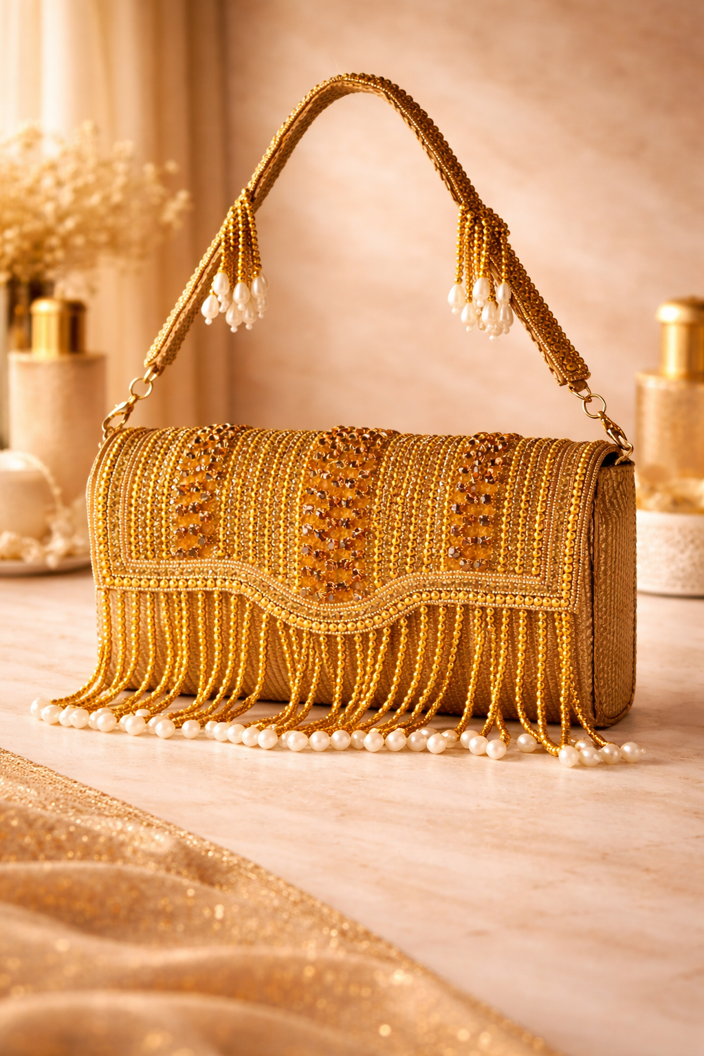 KarryQ Women's Premium Antique Gold Beaded Fringe Handbag | Crystal Embellished Party Clutch Purse | Designer Bridal, Wedding, Festive, Cocktail & Ethnic Shoulder Bag with Pearl Tassels