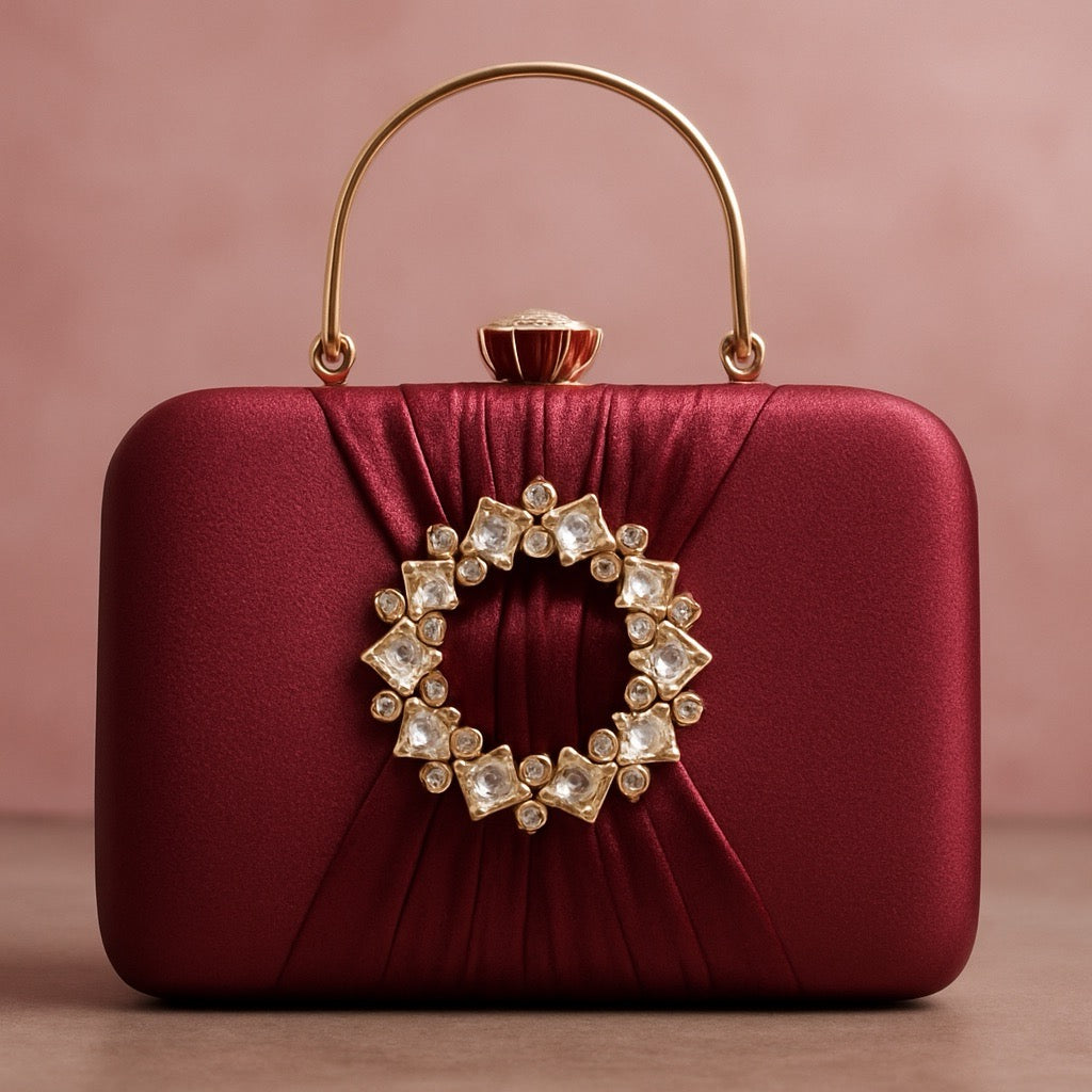KarryQ Wine Crystal Ring Clutch for Women | Premium Party, Wedding & Festive Handbag