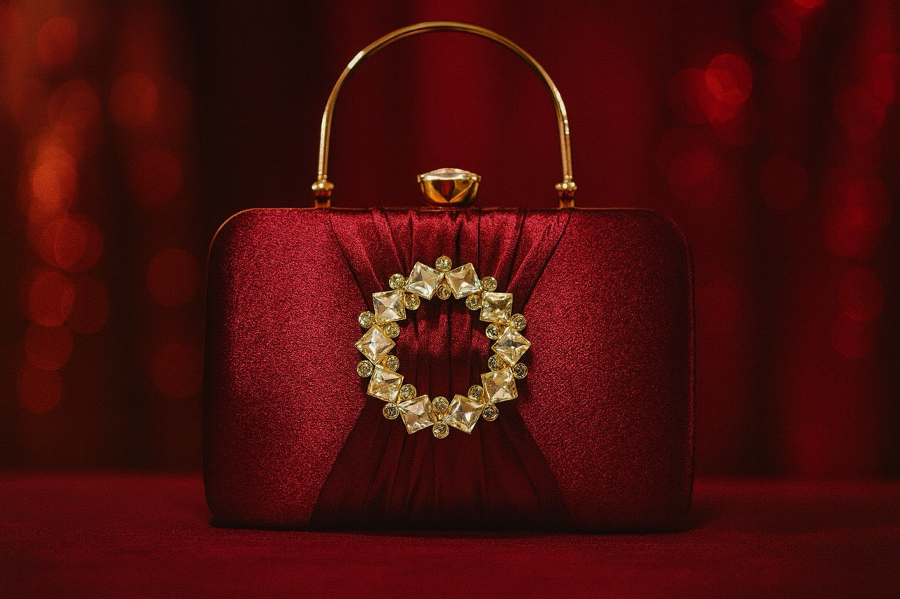 KarryQ Wine Crystal Ring Clutch for Women | Premium Party, Wedding & Festive Handbag