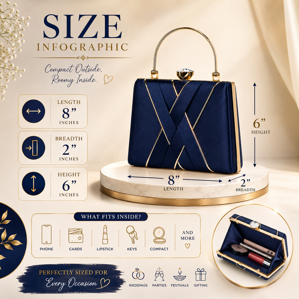 KarryQ Navy Blue Satin Box Clutch Bag for Women | Designer Party & Wedding Handbag with Metal Handle