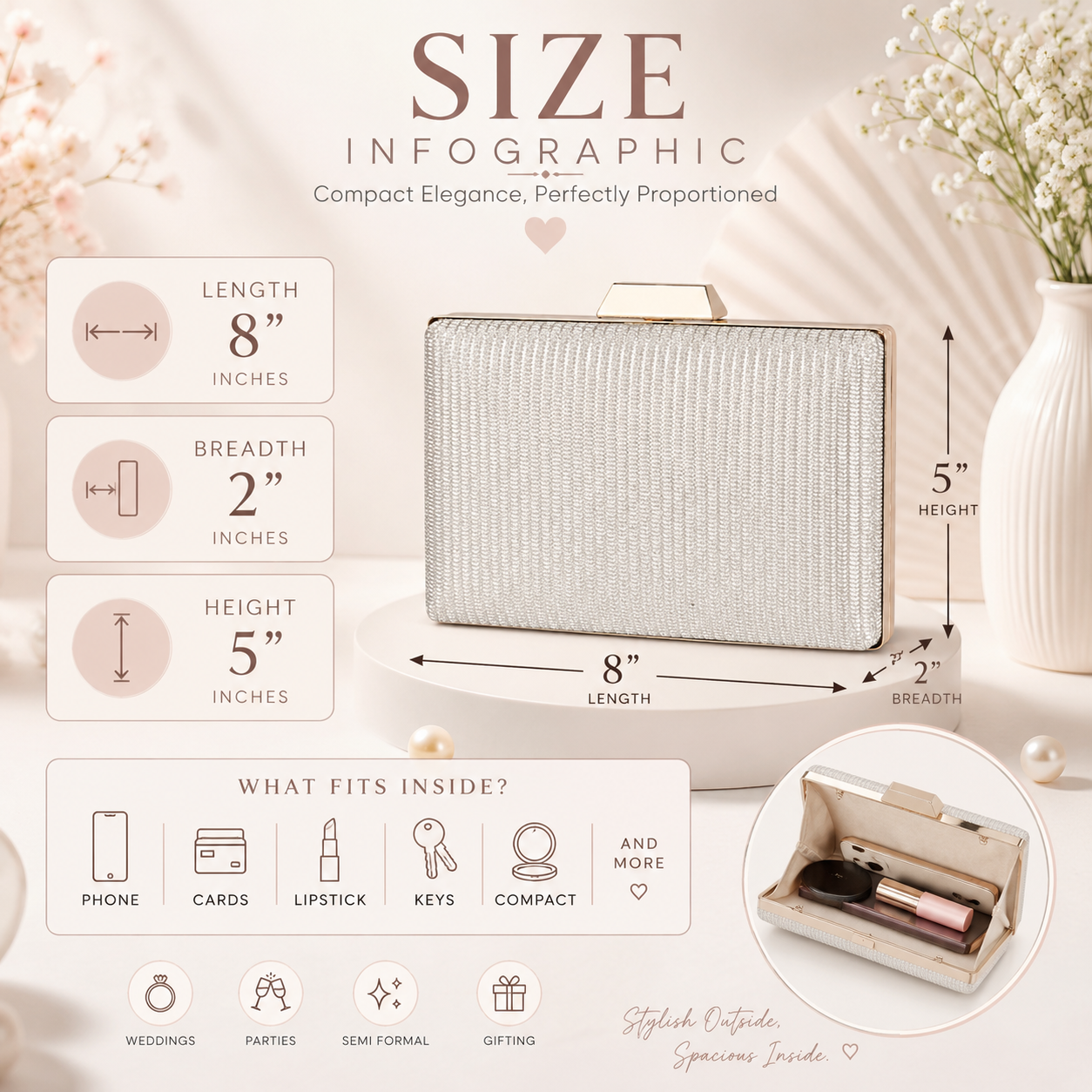 KarryQ Silver Shimmer Box Clutch Bag for Women | Elegant Party Wear Wedding & Evening Clutch Purse