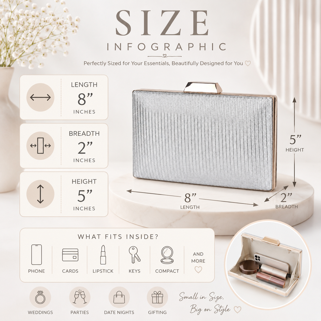 KarryQ Silver Metallic Box Clutch Bag for Women | Textured Party Wear Wedding & Evening Clutch Purse