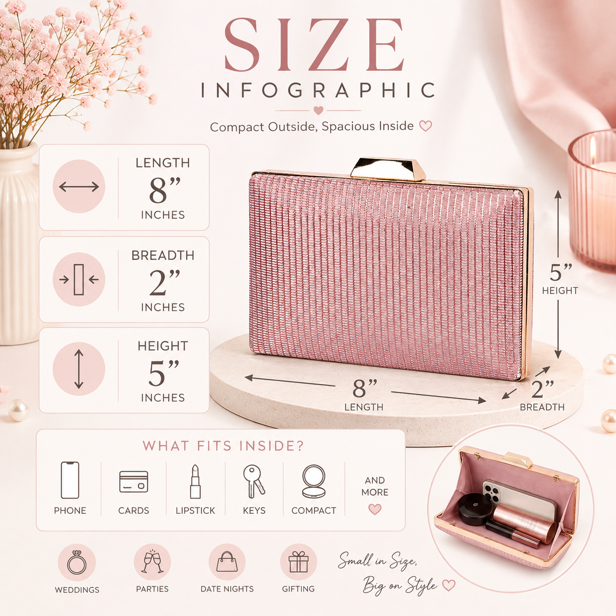 KarryQ Rose Gold Shimmer Box Clutch Bag for Women | Designer Party Wear Wedding & Evening Clutch Purse