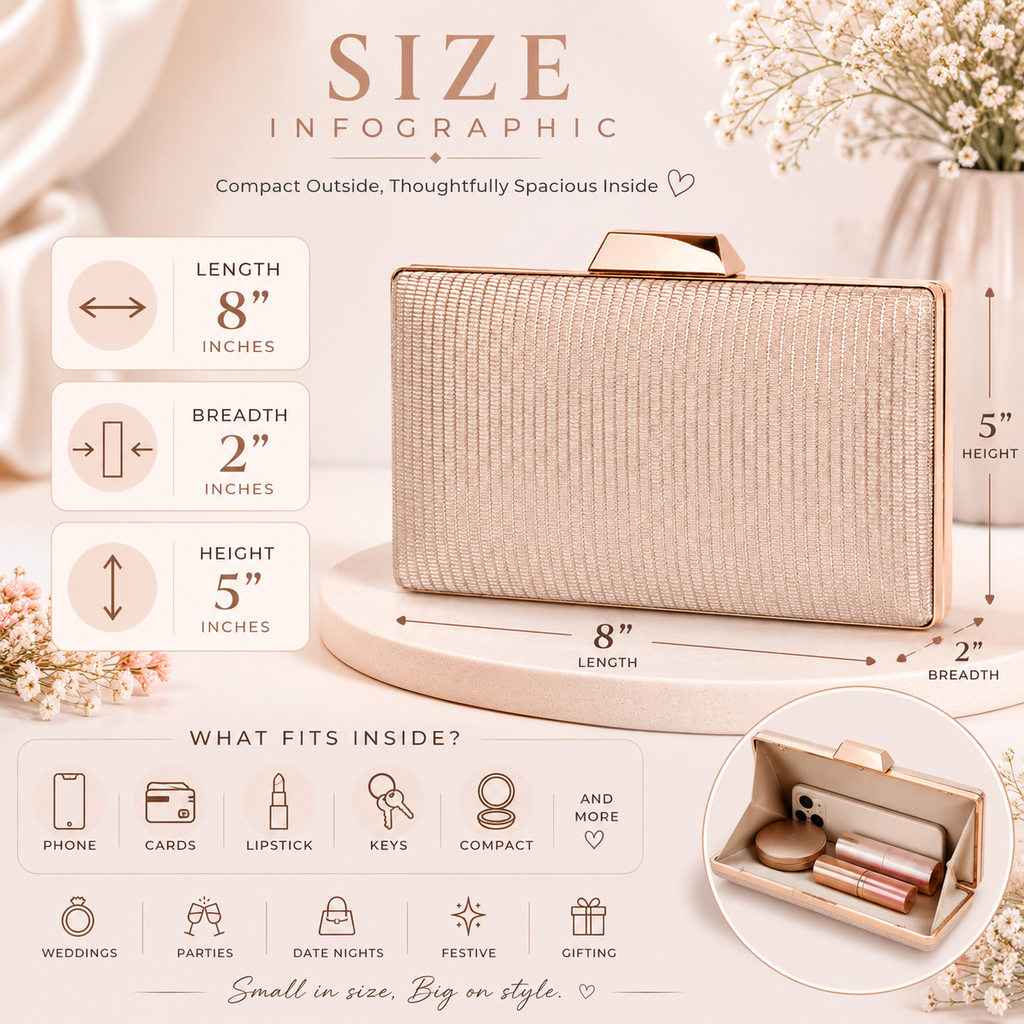 KarryQ Champagne Gold Shimmer Box Clutch Bag for Women | Elegant Wedding Party Wear & Evening Clutch Purse