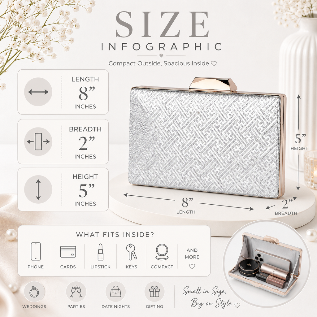 KarryQ Silver Geometric Designer Box Clutch Bag for Women | Shimmer Wedding Party Wear & Evening Clutch Purse