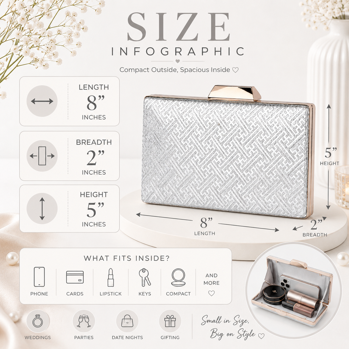 KarryQ Silver Geometric Designer Box Clutch Bag for Women | Shimmer Wedding Party Wear & Evening Clutch Purse