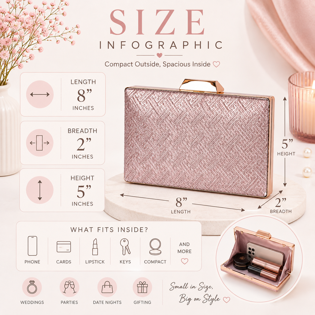 KarryQ Rose Gold Geometric Designer Box Clutch Bag for Women | Shimmer Wedding Party Wear & Evening Clutch Purse