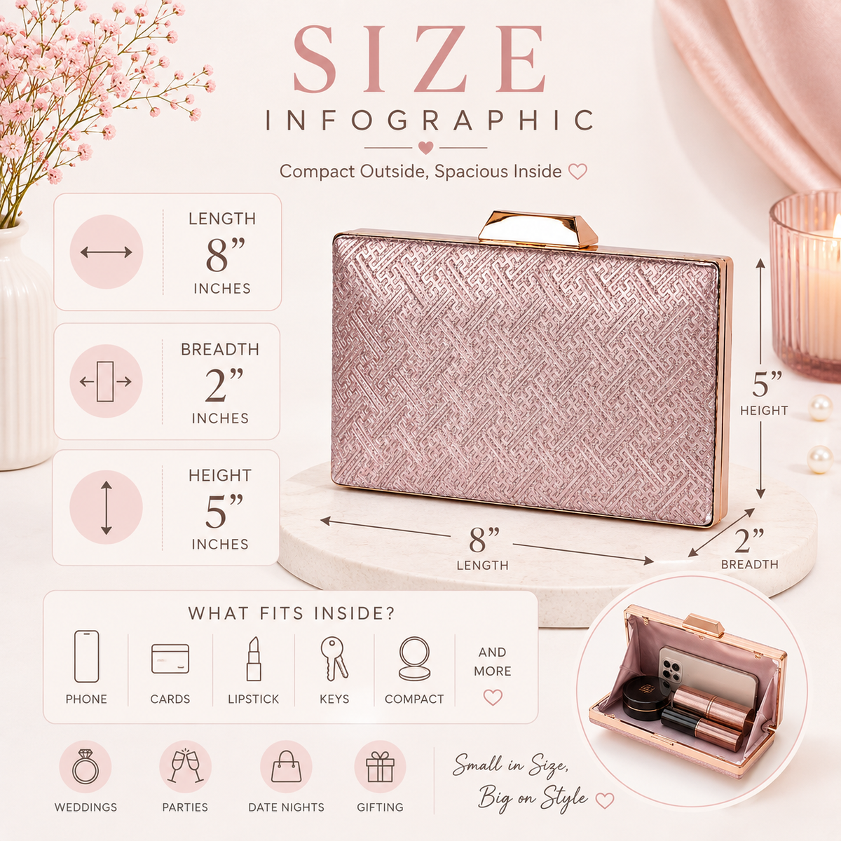 KarryQ Rose Gold Geometric Designer Box Clutch Bag for Women | Shimmer Wedding Party Wear & Evening Clutch Purse