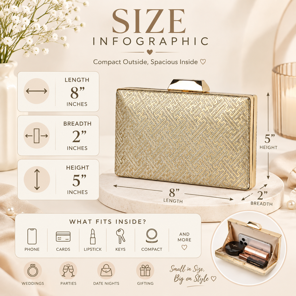 KarryQ Gold Geometric Designer Box Clutch Bag for Women | Shimmer Wedding Party Wear & Evening Clutch Purse