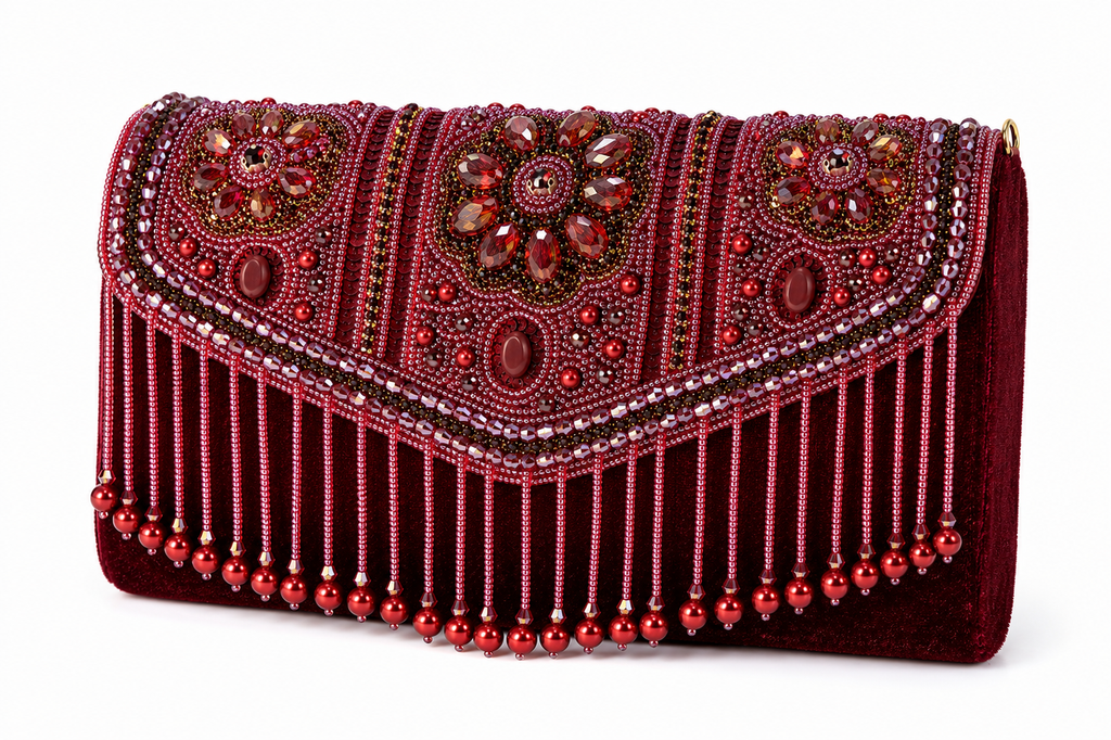 KarryQ Bridal Maroon Velvet Handbag for Women | Handcrafted Beaded & Crystal Embellished Wedding Clutch | Designer Party & Ethnic Purse