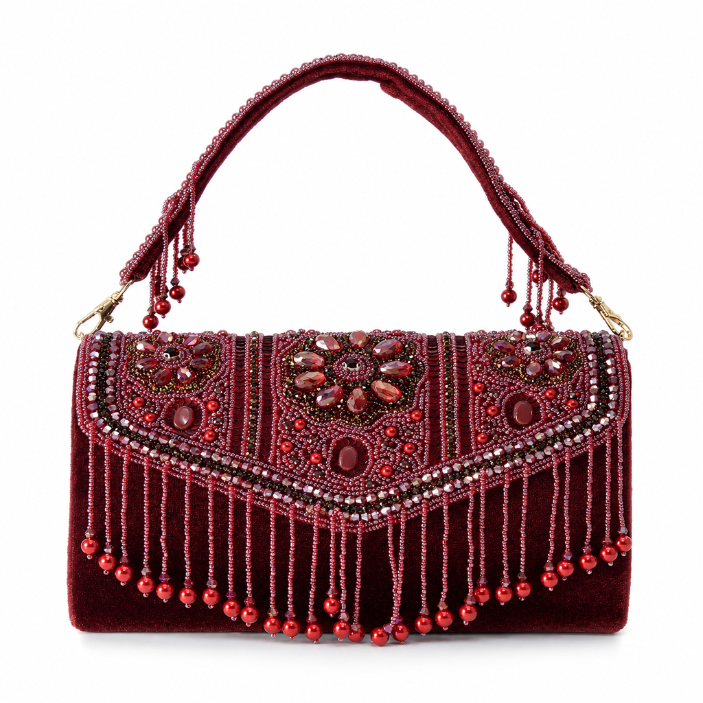 KarryQ Bridal Maroon Velvet Handbag for Women | Handcrafted Beaded & Crystal Embellished Wedding Clutch | Designer Party & Ethnic Purse