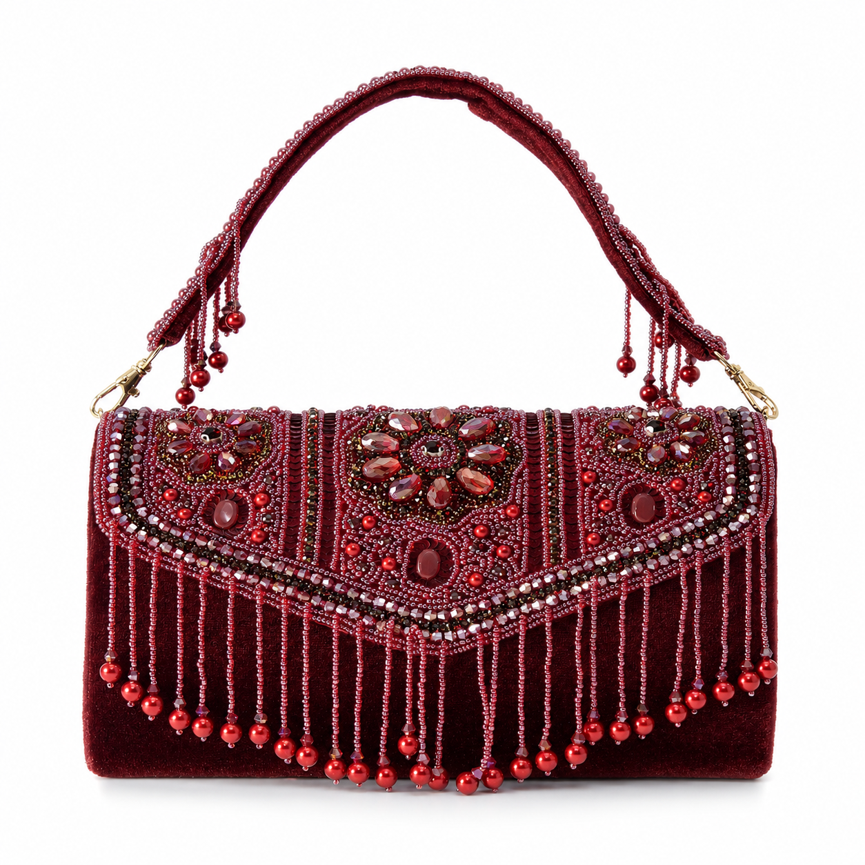 KarryQ Bridal Maroon Velvet Handbag for Women | Handcrafted Beaded & Crystal Embellished Wedding Clutch | Designer Party & Ethnic Purse