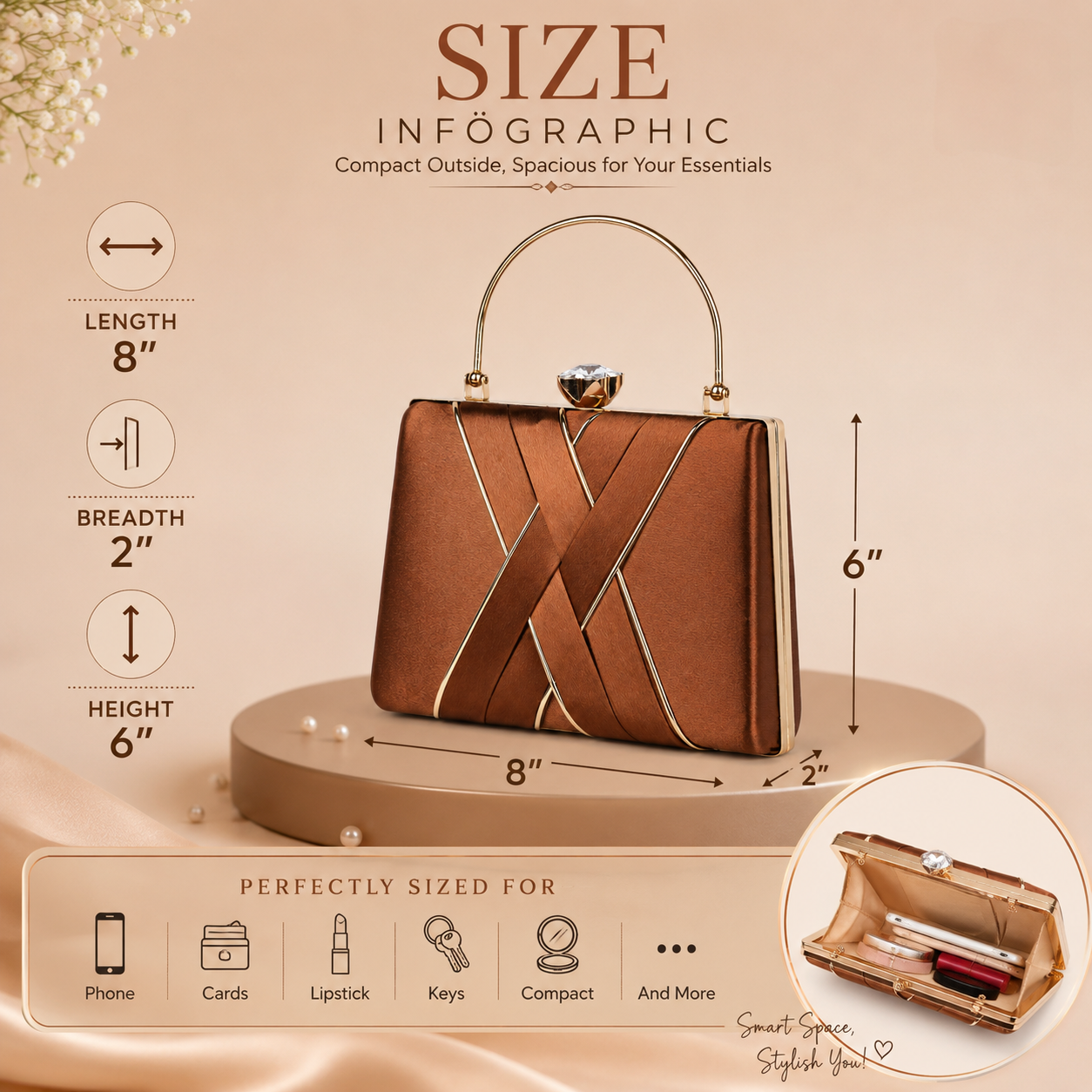 KarryQ Bronze Metallic Box Clutch Bag for Women | Designer Handheld Party & Wedding Clutch with Metal Handle