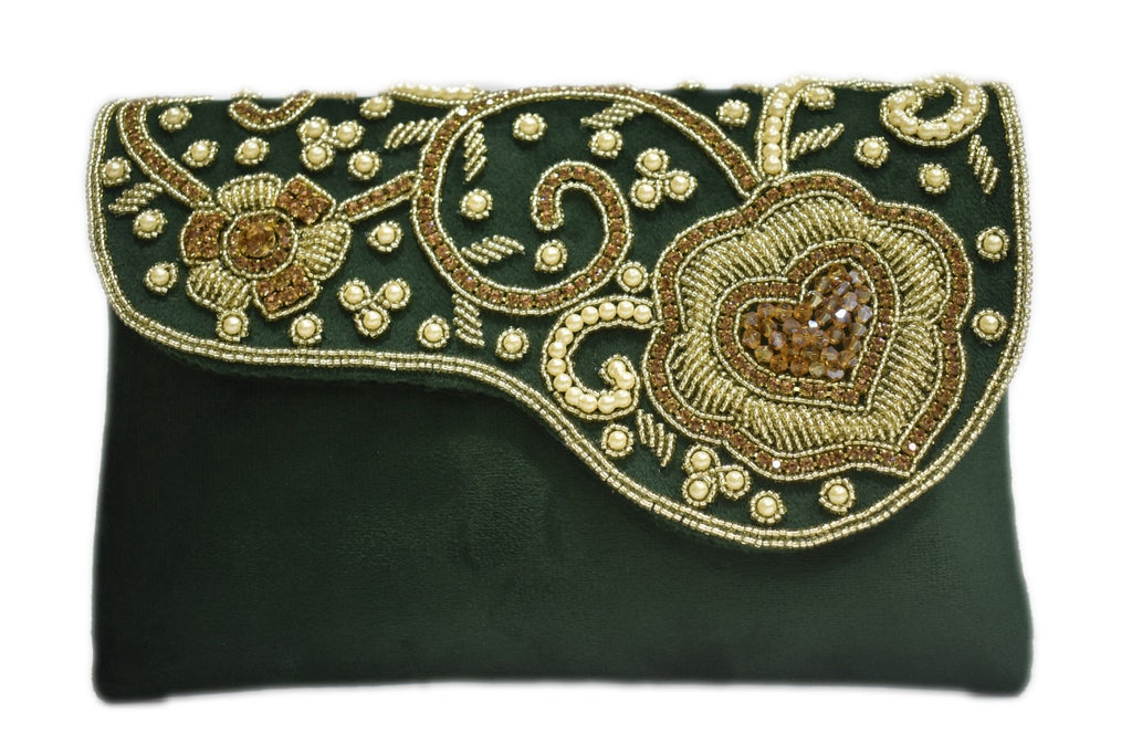 KarryQ Royal Emerald Green Embroidered Clutch for Women | Premium Ethnic Wedding, Festive & Party Handbag