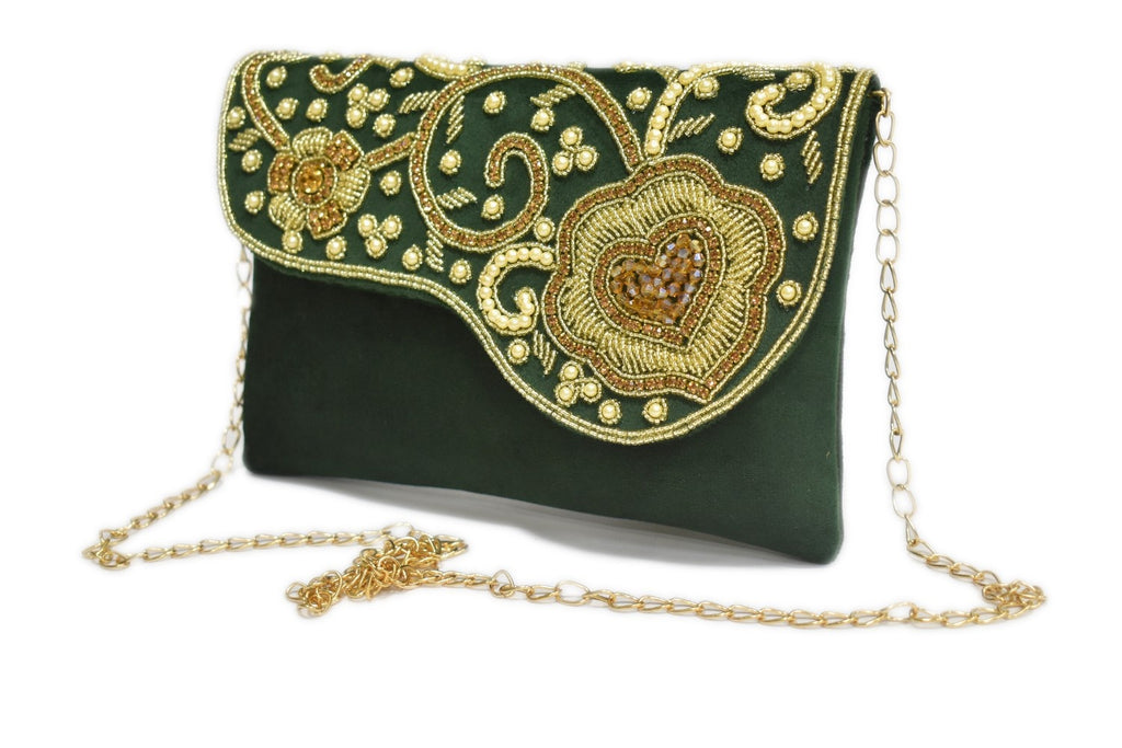 KarryQ Royal Emerald Green Embroidered Clutch for Women | Premium Ethnic Wedding, Festive & Party Handbag