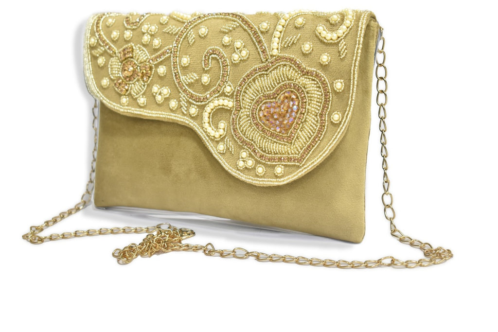 KarryQ Luxe Champagne Gold Embroidered Clutch for Women | Premium Ethnic Wedding, Festive & Party Handbag