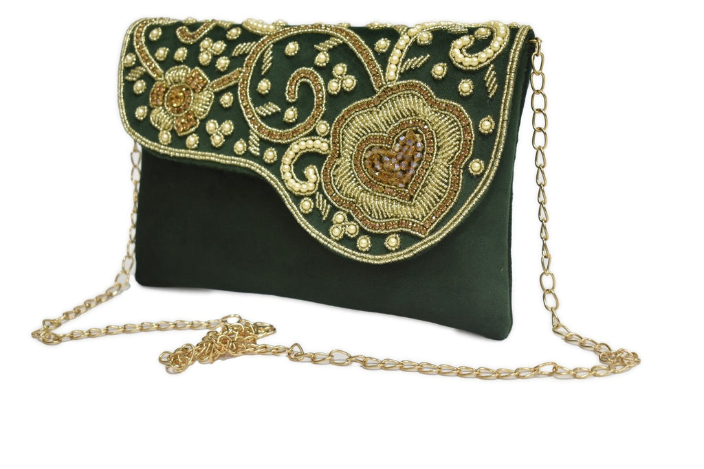 KarryQ Royal Emerald Green Embroidered Clutch for Women | Premium Ethnic Wedding, Festive & Party Handbag