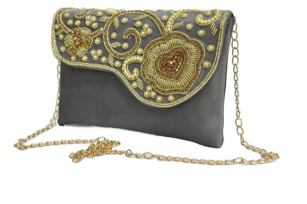 KarryQ Elegant Grey Embroidered Clutch for Women | Premium Ethnic Wedding, Festive & Party Handbag