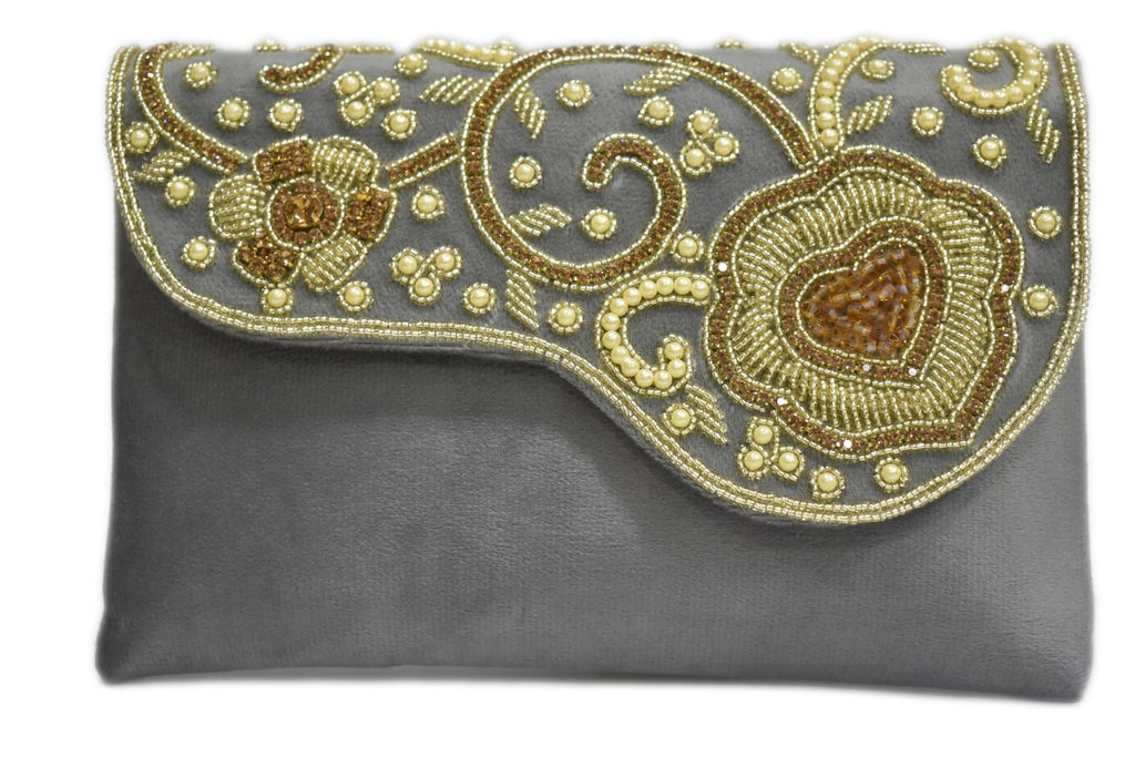KarryQ Elegant Grey Embroidered Clutch for Women | Premium Ethnic Wedding, Festive & Party Handbag
