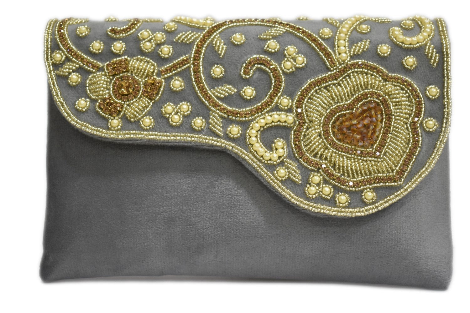 KarryQ Elegant Grey Embroidered Clutch for Women | Premium Ethnic Wedding, Festive & Party Handbag