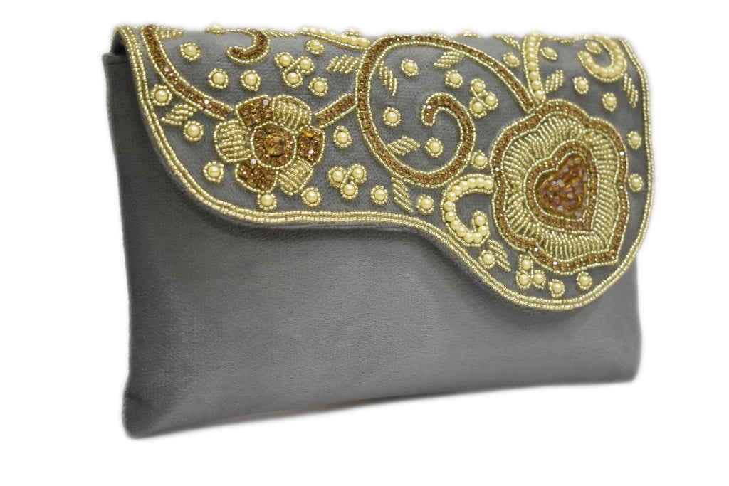 KarryQ Elegant Grey Embroidered Clutch for Women | Premium Ethnic Wedding, Festive & Party Handbag