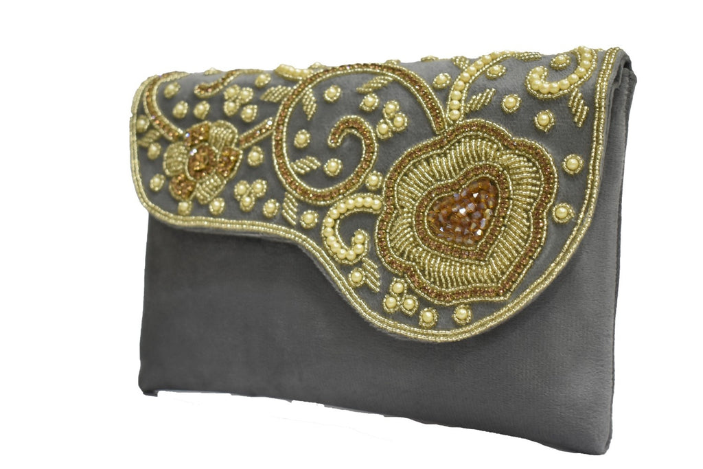 KarryQ Elegant Grey Embroidered Clutch for Women | Premium Ethnic Wedding, Festive & Party Handbag