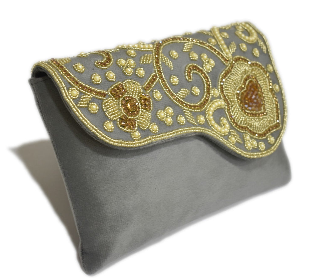 KarryQ Elegant Grey Embroidered Clutch for Women | Premium Ethnic Wedding, Festive & Party Handbag