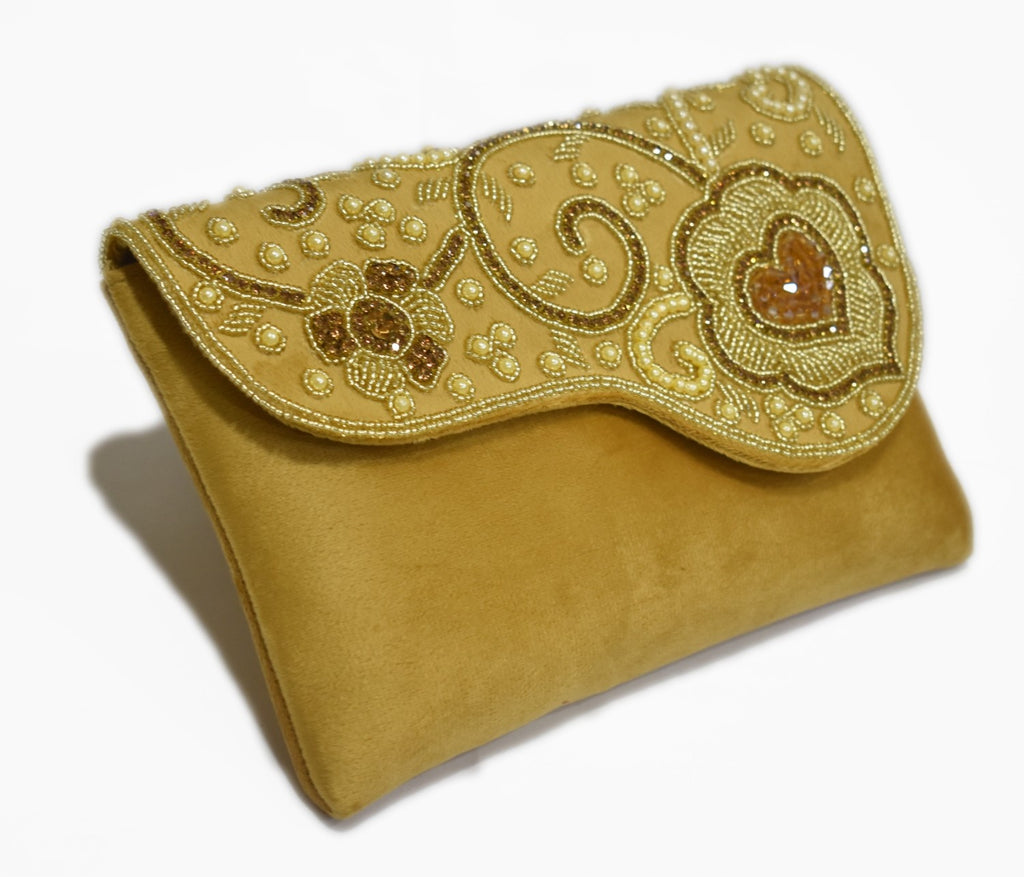 KarryQ Royal Mustard Yellow Embroidered Clutch for Women | Premium Ethnic Wedding, Festive & Party Handbag