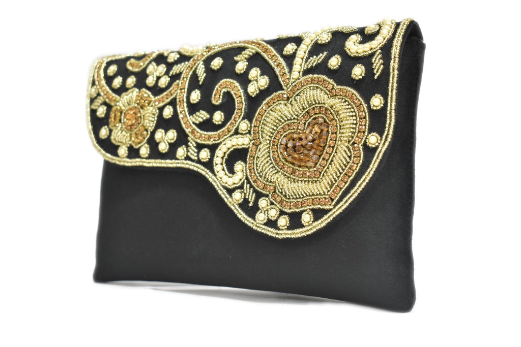 KarryQ Royal Black Embroidered Clutch for Women | Premium Ethnic Wedding, Festive & Party Handbag