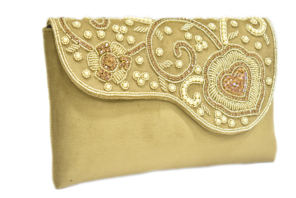 KarryQ Luxe Champagne Gold Embroidered Clutch for Women | Premium Ethnic Wedding, Festive & Party Handbag