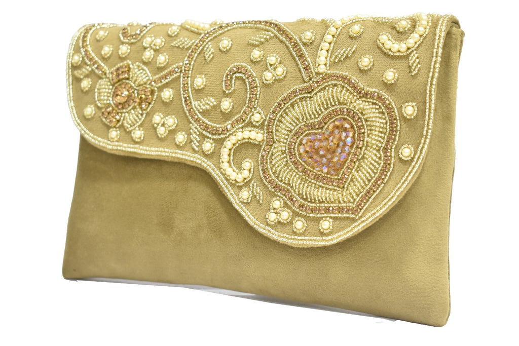 KarryQ Luxe Champagne Gold Embroidered Clutch for Women | Premium Ethnic Wedding, Festive & Party Handbag