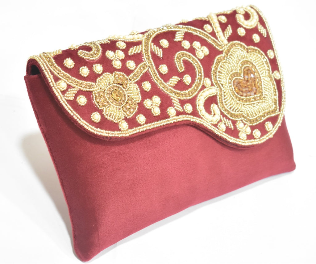 KarryQ Royal Maroon Embroidered Clutch for Women | Premium Ethnic Wedding, Festive & Party Handbag