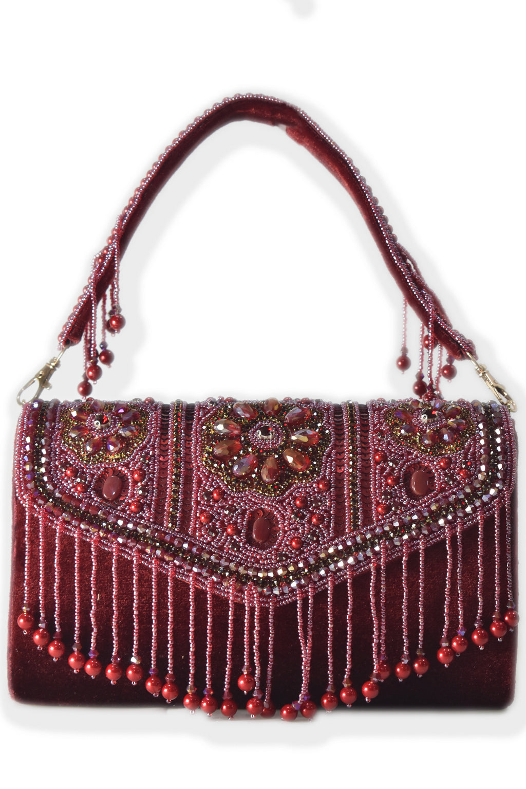 KarryQ Bridal Maroon Velvet Handbag for Women | Handcrafted Beaded & Crystal Embellished Wedding Clutch | Designer Party & Ethnic Purse