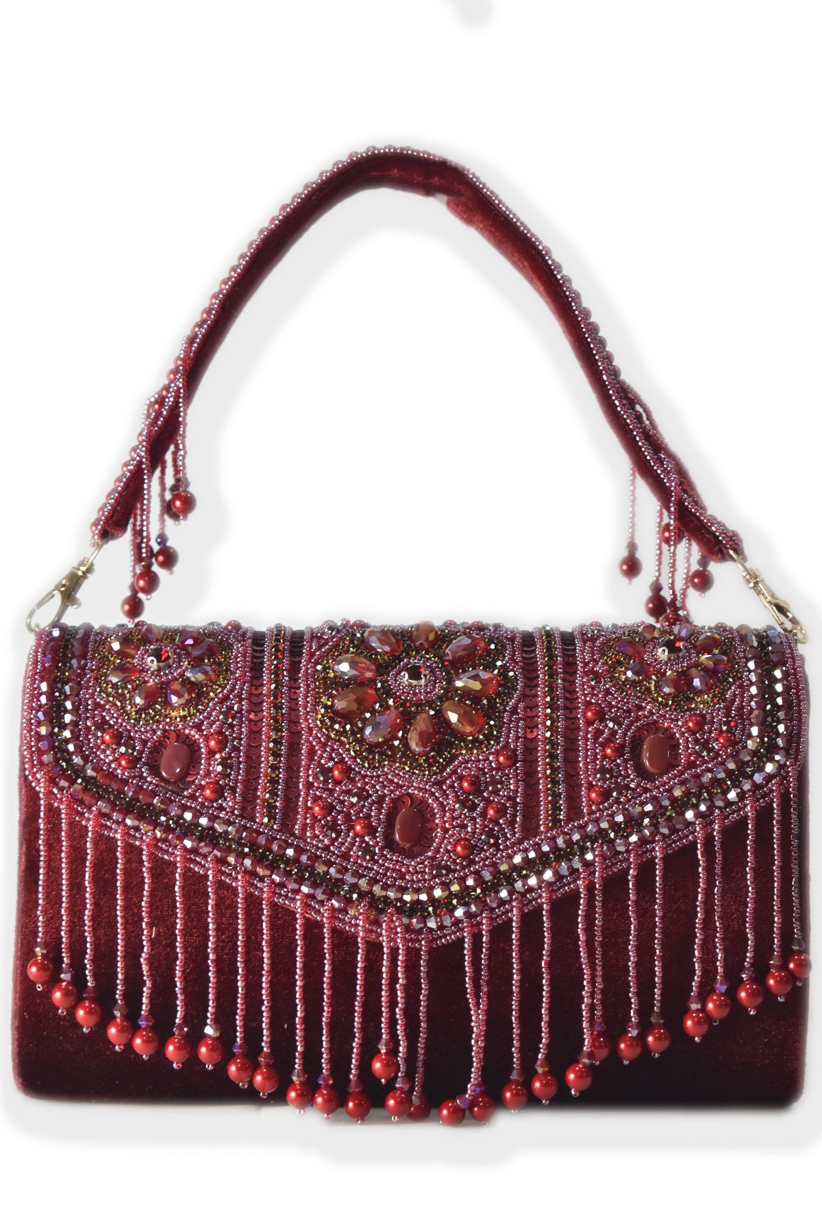 KarryQ Bridal Maroon Velvet Handbag for Women | Handcrafted Beaded & Crystal Embellished Wedding Clutch | Designer Party & Ethnic Purse