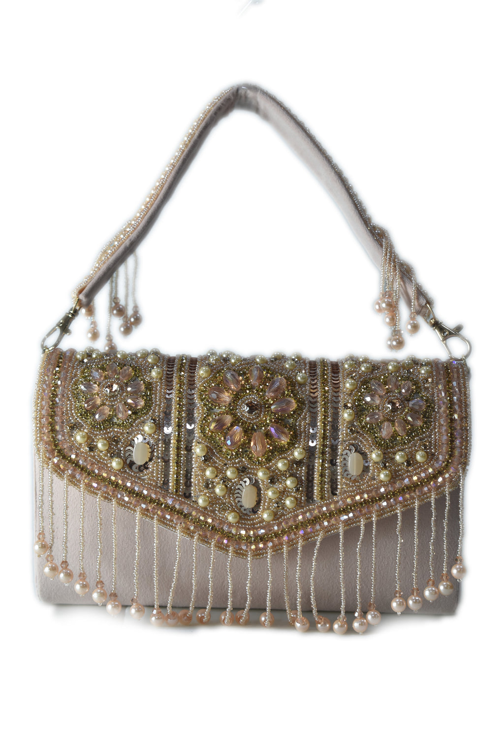 KarryQ Pearl Embellished Bridal Handbag for Women | Designer Beige Wedding Purse with Beads & Stones | Ethnic Party Shoulder Bag