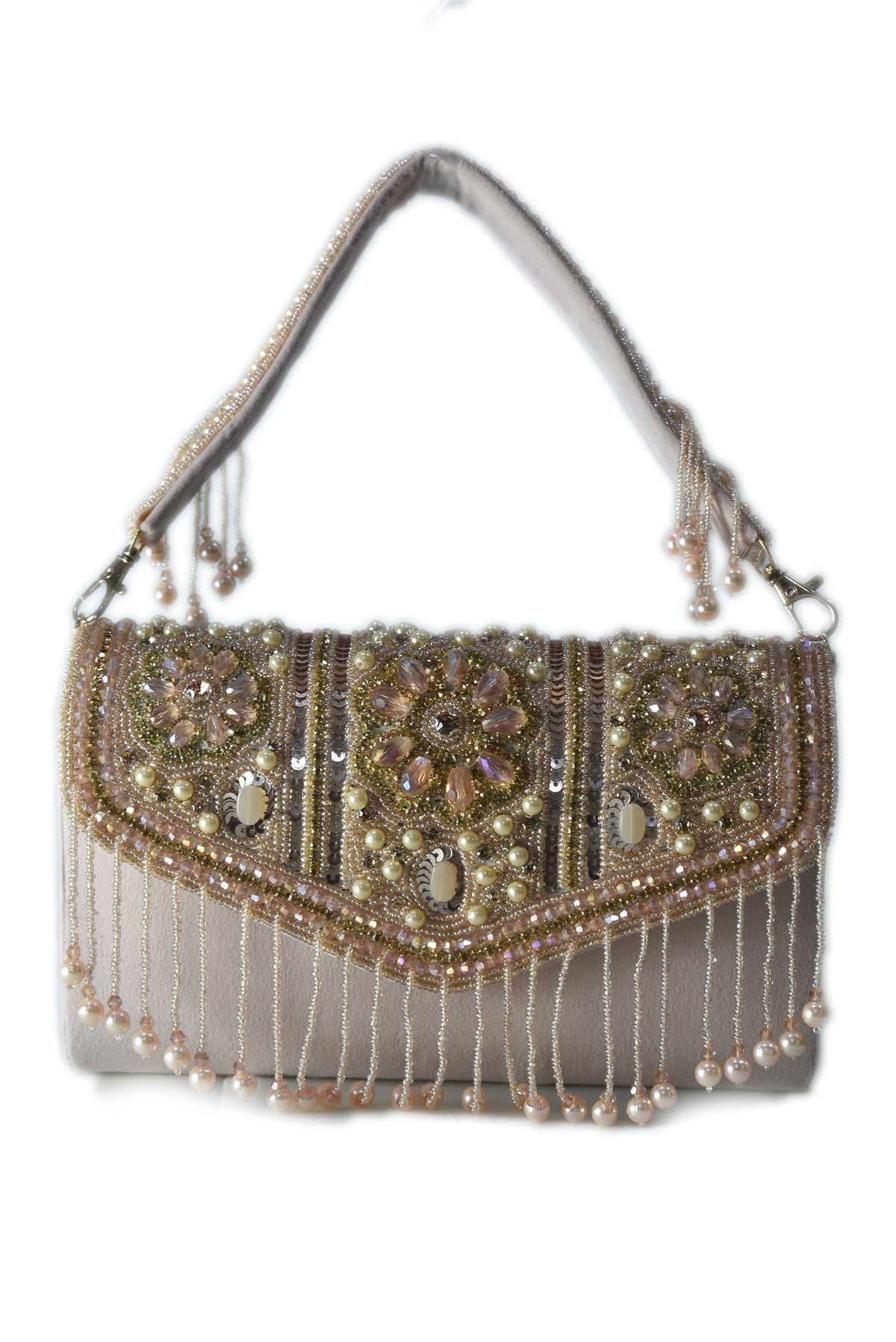 KarryQ Pearl Embellished Bridal Handbag for Women | Designer Beige Wedding Purse with Beads & Stones | Ethnic Party Shoulder Bag
