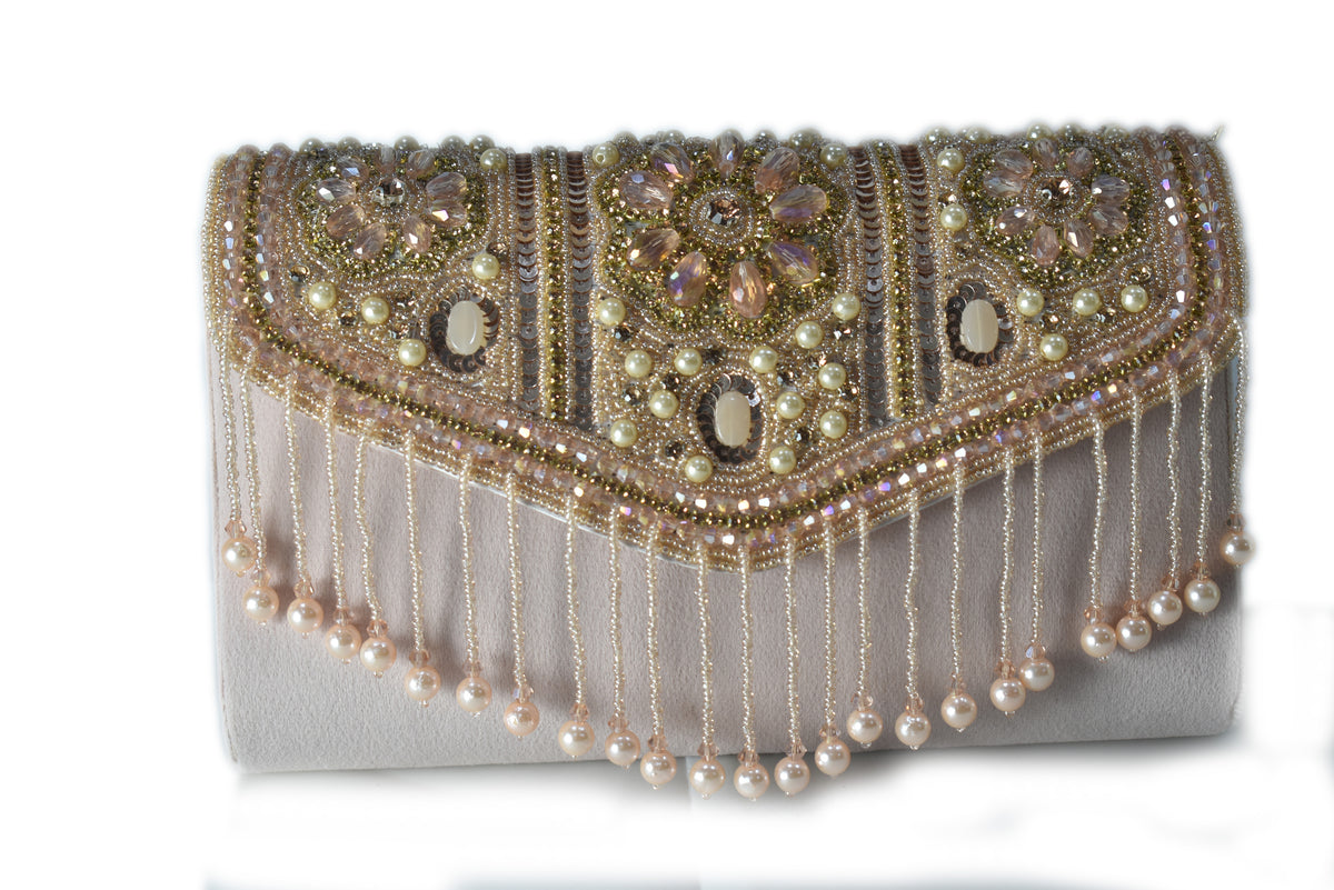 KarryQ Pearl Embellished Bridal Handbag for Women | Designer Beige Wedding Purse with Beads & Stones | Ethnic Party Shoulder Bag