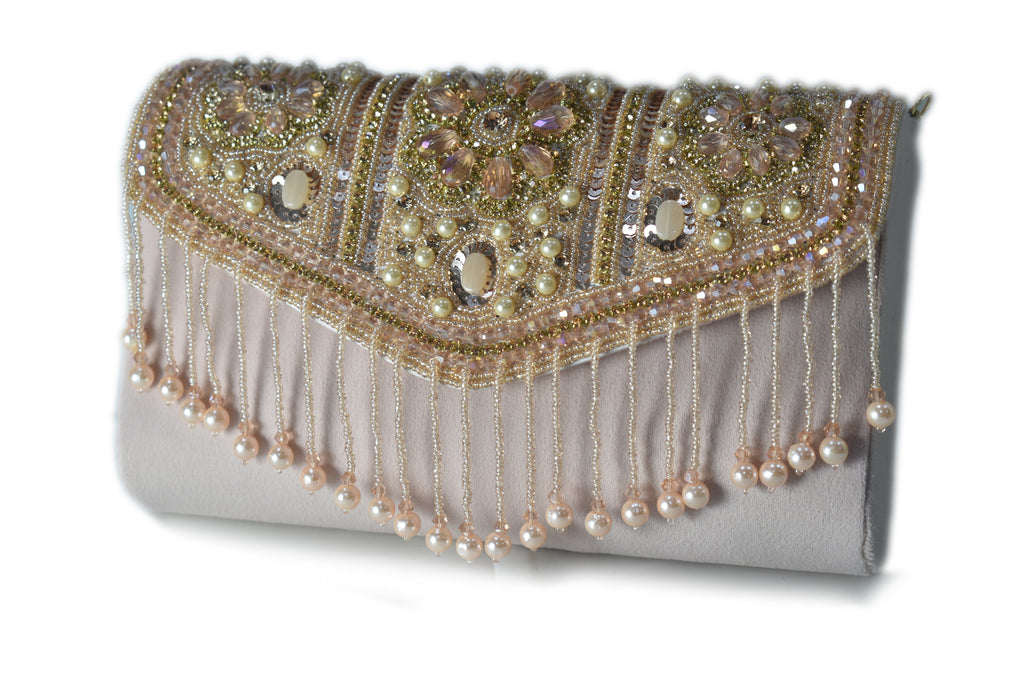 KarryQ Pearl Embellished Bridal Handbag for Women | Designer Beige Wedding Purse with Beads & Stones | Ethnic Party Shoulder Bag