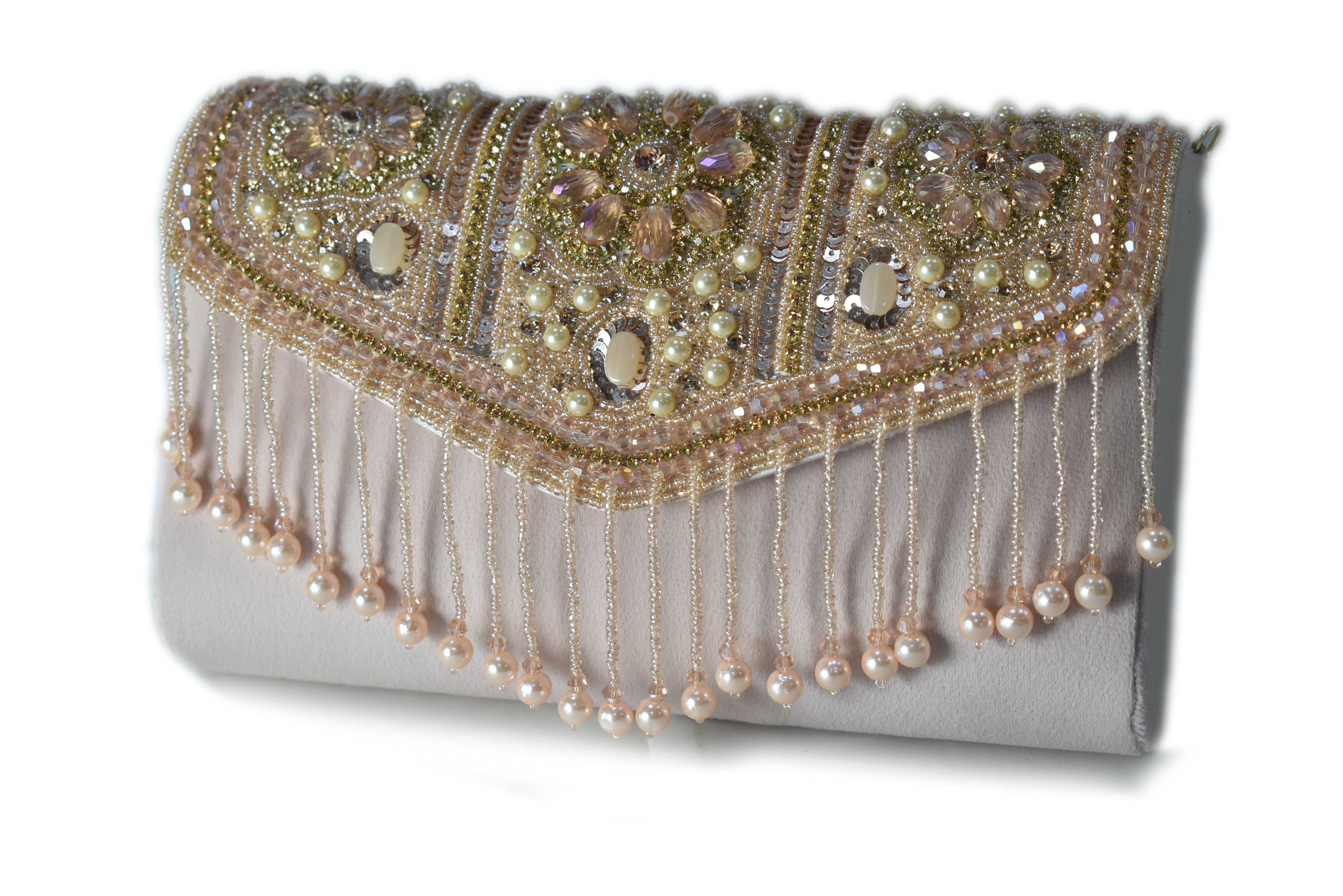 KarryQ Pearl Embellished Bridal Handbag for Women | Designer Beige Wedding Purse with Beads & Stones | Ethnic Party Shoulder Bag