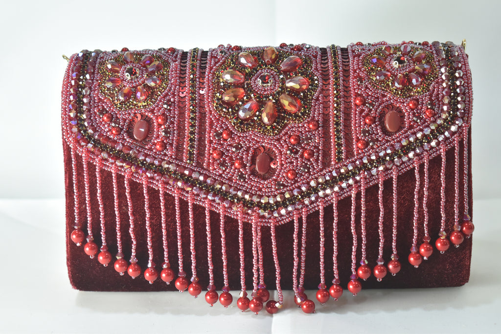 KarryQ Bridal Maroon Velvet Handbag for Women | Handcrafted Beaded & Crystal Embellished Wedding Clutch | Designer Party & Ethnic Purse