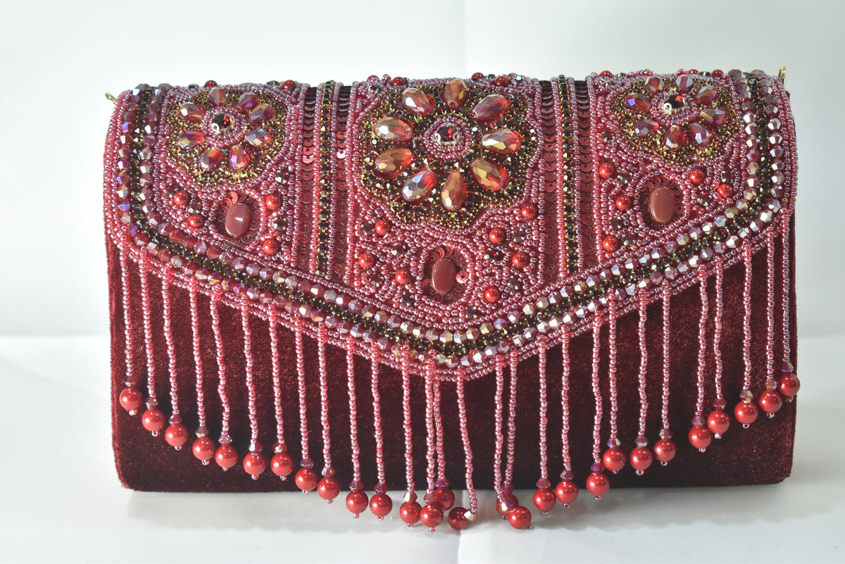 KarryQ Bridal Maroon Velvet Handbag for Women | Handcrafted Beaded & Crystal Embellished Wedding Clutch | Designer Party & Ethnic Purse