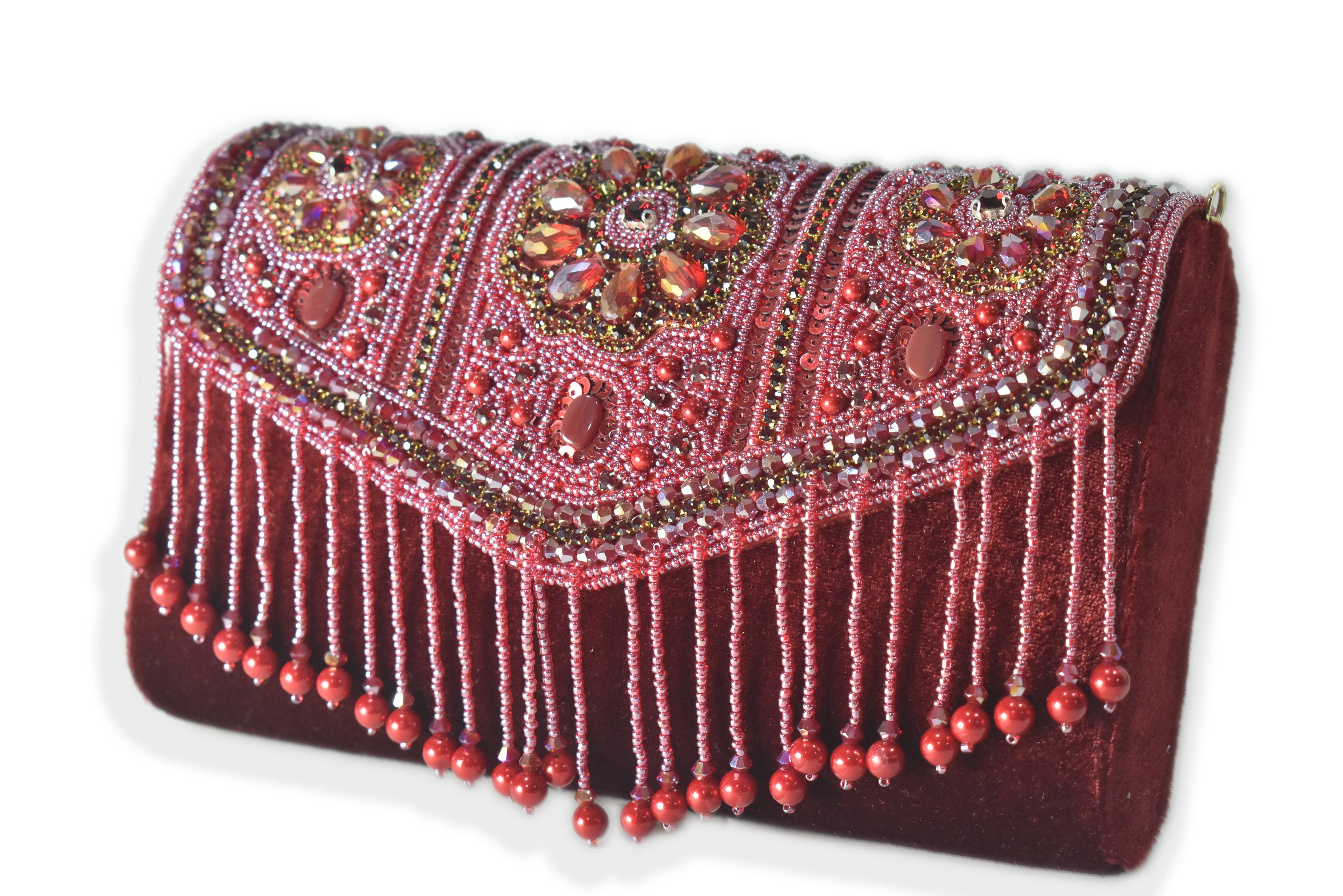 KarryQ Bridal Maroon Velvet Handbag for Women | Handcrafted Beaded & Crystal Embellished Wedding Clutch | Designer Party & Ethnic Purse