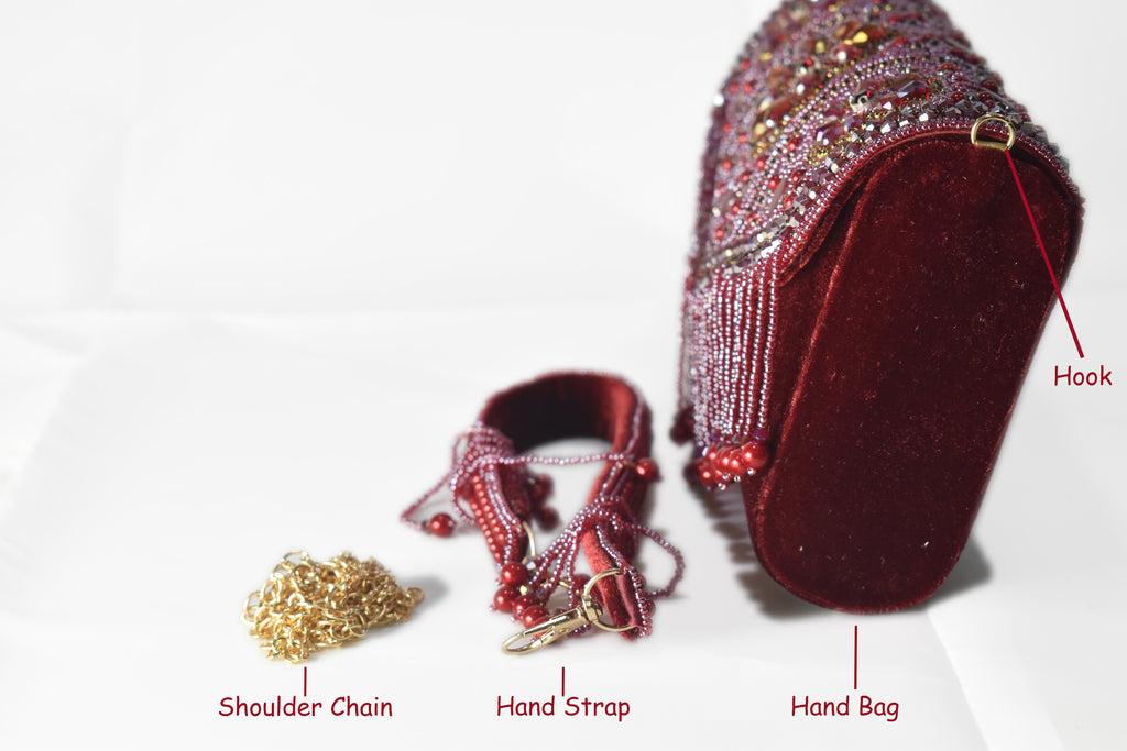 KarryQ Bridal Maroon Velvet Handbag for Women | Handcrafted Beaded & Crystal Embellished Wedding Clutch | Designer Party & Ethnic Purse