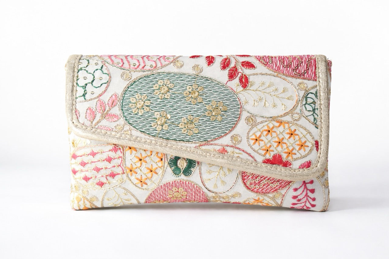 KarryQ Women White Multicolor Embroidered Hand Purse with Golden Chain | Floral Ethnic Designer Sling Clutch Bag | Wedding, Party, Festive & Traditional Occasion Handbag for Women & Girls