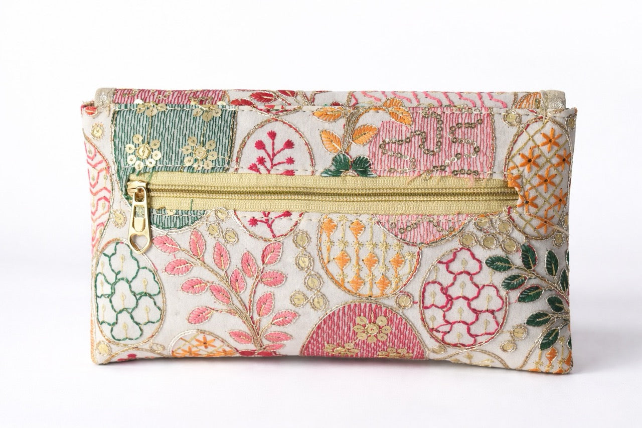 KarryQ Women White Multicolor Embroidered Hand Purse with Golden Chain | Floral Ethnic Designer Sling Clutch Bag | Wedding, Party, Festive & Traditional Occasion Handbag for Women & Girls