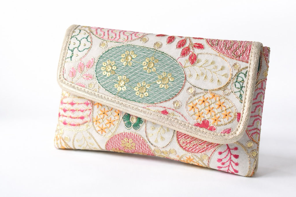 KarryQ Women White Multicolor Embroidered Hand Purse with Golden Chain | Floral Ethnic Designer Sling Clutch Bag | Wedding, Party, Festive & Traditional Occasion Handbag for Women & Girls
