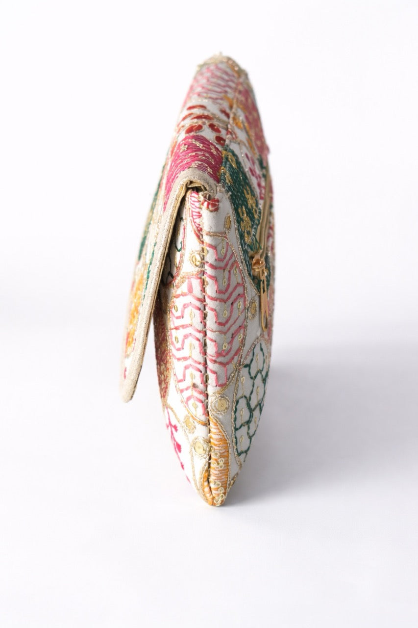 KarryQ Women White Multicolor Embroidered Hand Purse with Golden Chain | Floral Ethnic Designer Sling Clutch Bag | Wedding, Party, Festive & Traditional Occasion Handbag for Women & Girls