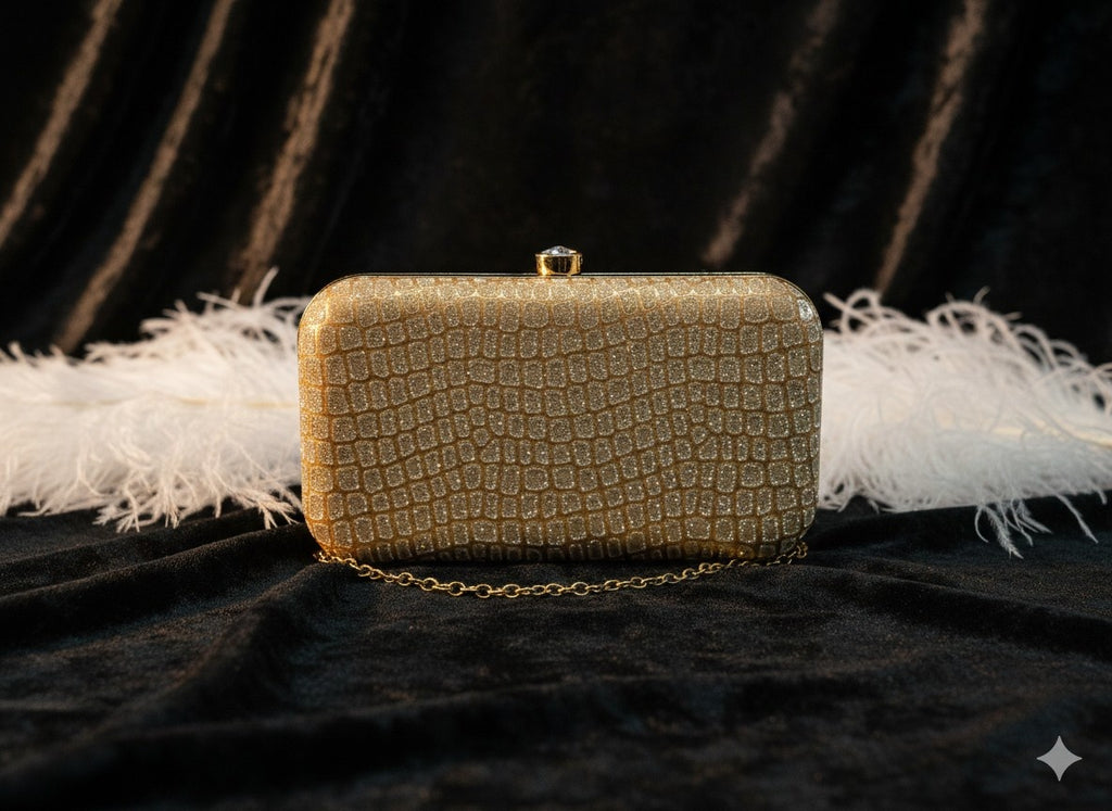 KarryQ Luxe Gold Croc Texture Box Clutch for Women | Premium Party, Wedding & Evening Handbag